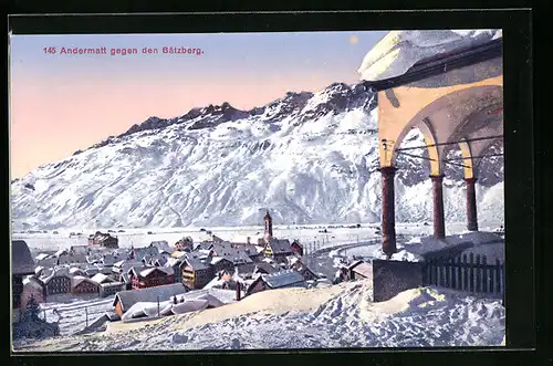 AK Andermatt, schneebedeckte Ortschaft gegen den Bätzberg