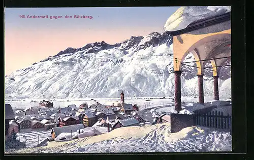 AK Andermatt, Ortspartie mit Bätzberg im Winter
