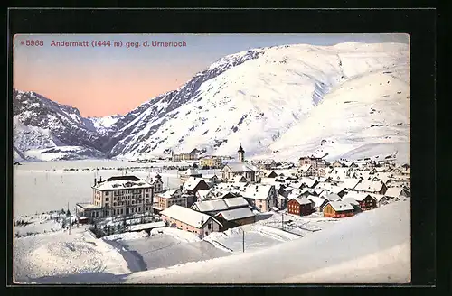 AK Andermatt, Gesamtansicht mit Urnerloch im Winter