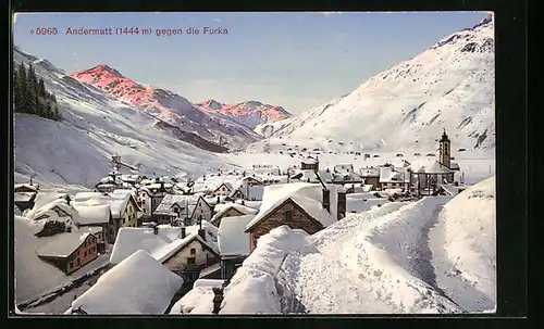 AK Andermatt, Ortspanorama mit Furka im Winter
