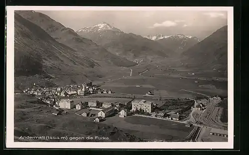 AK Andermatt, Panorama mit Furka aus der Luft gesehen