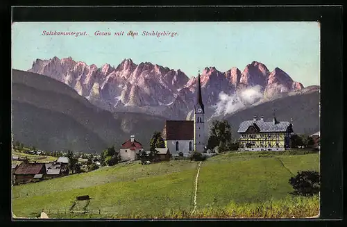 AK Gosaz, Partie mit Kirche und Stuhlgebirge