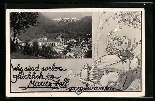 AK Mariazell, Ansicht mit der Wallfahrtskirche, Paar im Auto