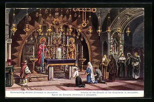 Künstler-AK Jerusalem, Kalvarienberg-Kirche, Innenansicht