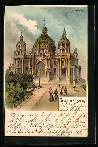 Lithographie Berlin, Passanten vor dem Neuen Dom