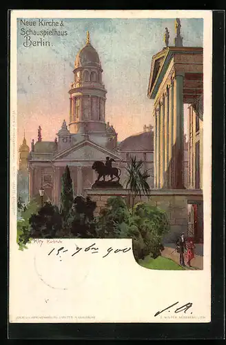 Lithographie Berlin, Neue Kirche und Schauspielhaus, Gendarmenmarkt