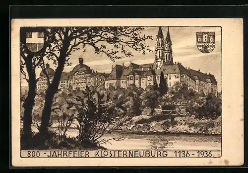 Künstler-AK Klosterneuburg, Teilansicht, Wappen - Karte zur 88-Jahrfeier 1936