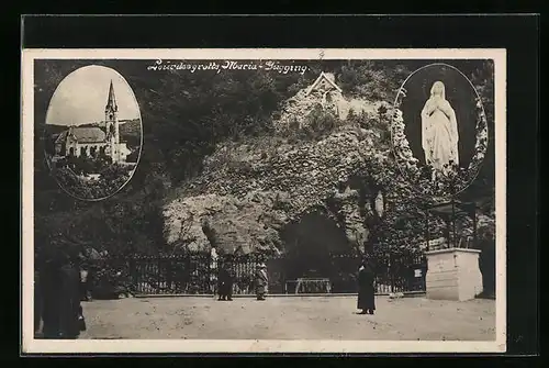 AK Maria-Gugging, Lourdes-Grotte, Kirche und Marienstatue