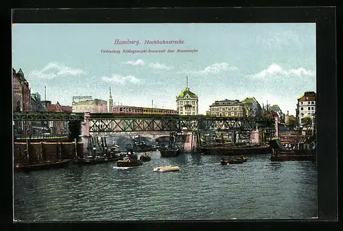 AK Hamburg, Hochbahnstrecke mit Verbindung Rödlingsmarkt-Baumwall über Binnenhafen