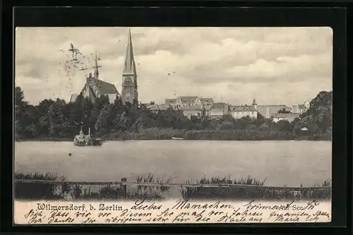 AK Berlin-Wilmersdorf, Uferpartie mit der Kirche vom Wasser aus