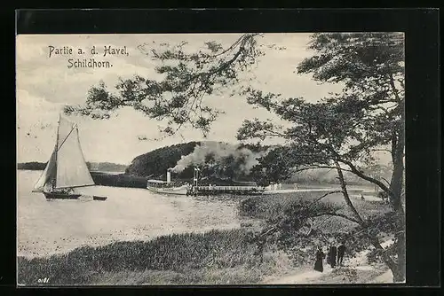 AK Berlin-Schildhorn, Partie an der Havel mit Dampfer und Segelboot