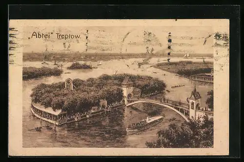 AK Berlin-Treptow, Abtei mit Brücke und Dampfer