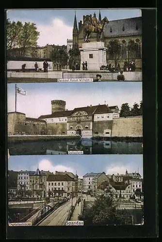 AK Berlin-Spandau, Charlottenbrücke mit Zigarrengeschäft, Denkmal Kaiser Wilhelm I., Juliusturm