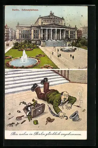 AK Berlin, Schaupielhaus, Mann mit Koffer ist ausgerutscht, Gendarmenmarkt