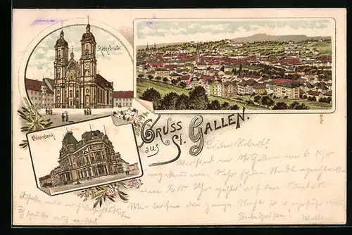Lithographie St. Gallen, Ortsansicht aus der Vogelschau, Kathedrale und Unionbank