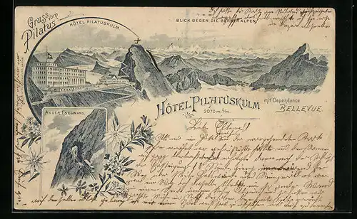 Lithographie Pilatus, Hôtel Pilatuskulm mit Blick gegen die Berner Alpen