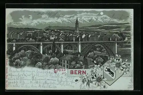 Mondschein-Lithographie Bern, Ortsansicht mit Alpenpanorama