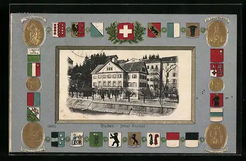 AK Baden, Hôtel Freihof mit Wappen