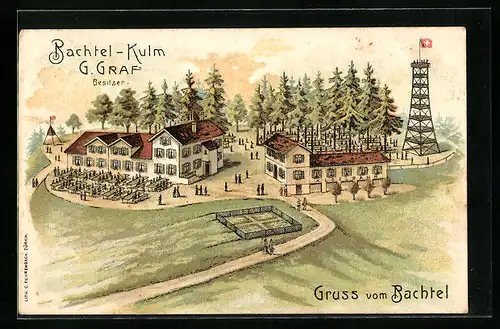 AK Hinwil, Gasthaus Bachtel-Kulm, Besitzer: G. Graf, Ansicht mit Aussichtsturm