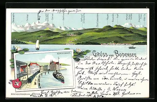 Lithographie Rorschach, Ortsansicht mit Dampfer und Dampfzug, Blick auf den Bodensee