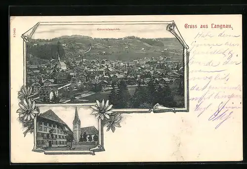 AK Langnau, Ortsansicht aus der Vogelschau und Kirche