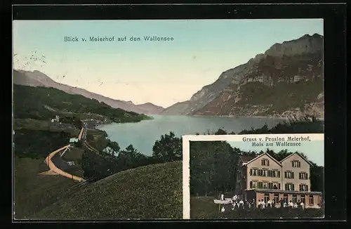 AK Mols, Pension Meierhof und Blick auf den Wallensee