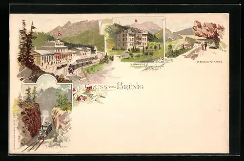 Lithographie Brünig, Bahnhof, Kurhaus und Brünig-Strasse