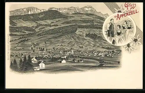 Lithographie Appenzell, Ortsansicht aus der Vogelschau