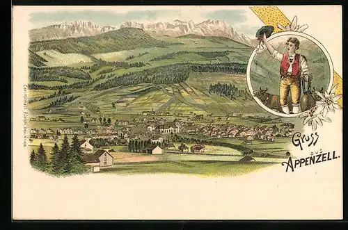 Lithographie Appenzell, Ortsansicht aus der Vogelschau