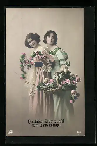 Foto-AK NPG Nr. 2314: Zwei junge Frauen mit Blumenkorb