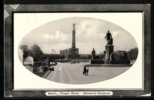 Passepartout-AK Berlin, Partie mit Sieges Säule und Bismarck-Denkmal