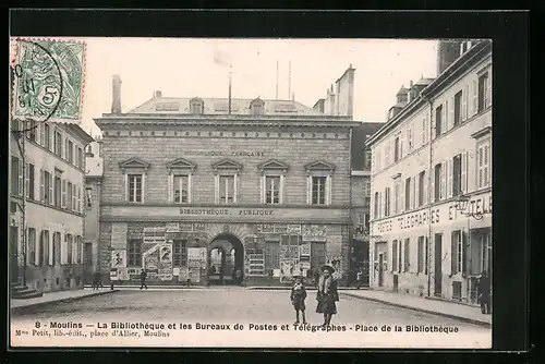 AK Moulins, La Bibliotheque et les Bureaus de Postes et Telegraphes - Place de la Bibliotheque