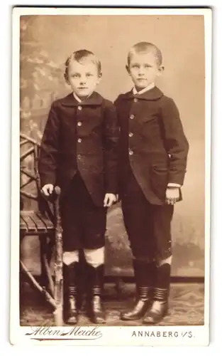 Fotografie Albin Meiche, Annaberg, Zickzack Promenade, zwei Brüder in vertrauter Pose in schicken Anzügen