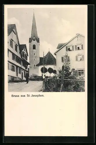 AK St. Josefen, Strassenpartie mit Blick zur Kirche