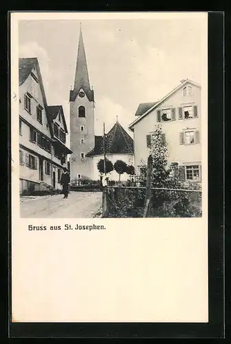 AK St. Josefen, Strassenpartie mit Kirche