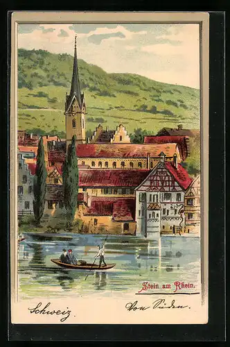 Lithographie Stein am Rhein, Kirche vom Fluss betrachtet