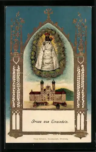 Präge-AK Einsiedeln, Kirche und Gnadenmutter