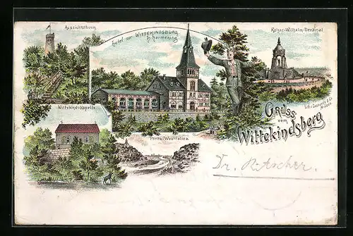 Lithographie Wittekindsberg, Hotel zur Wittekindsburg, Aussichtsturm, Kaiser-Wilhelm-Denkmal