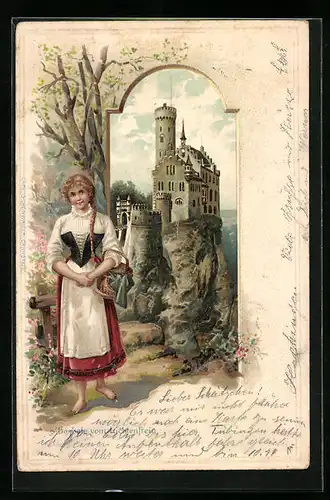Passepartout-Lithographie Lichtenstein, Blick zur Burg, s` Bärbele vom Lichtenstein