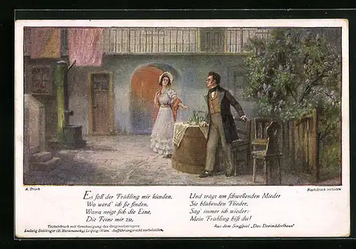 Künstler-AK Franz Schubert, Das Dreimäderlhaus - Szene und Verse aus dem Singspiel