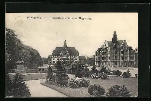 AK Minden i. W., Kurfürstendenkmal und Regierung