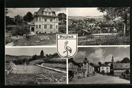 AK Wurzbach, Freibad, Kulturhaus, Teil- und Gesamtansicht, Wappen