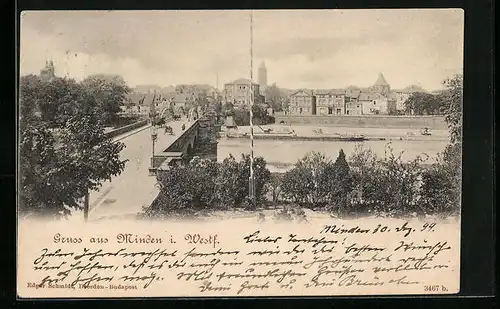 AK Minden i. W., Teilansicht mit Flussbrücke