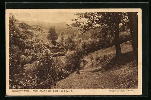 AK Nettelstedt i. W., Kinderheim, Blick in den Garten