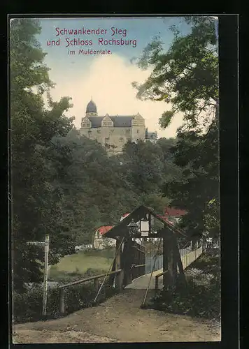 AK Rochsburg i. Muldentale, Partie am schwankenden Steg mit Blick auf das Schloss