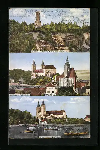 AK Rochlitz, Partien am Turm mit Steinbruch, Schloss und Petrikirche