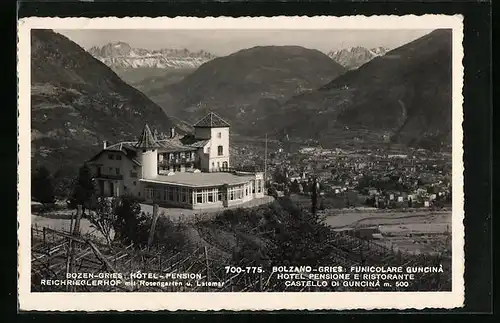 AK Bozen-Gries, Hotel Reichrieglerhof mit Rosengarten und Latemar