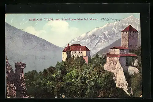 AK Schloss Tirol bei Meran, Blick auf das Schloss, Sandpyramiden