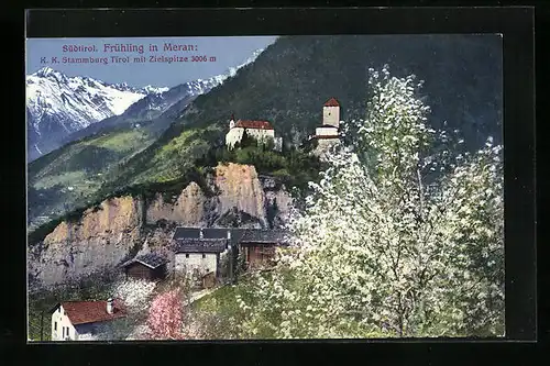 AK Meran, Blick auf das Schloss Tirol im Frühling
