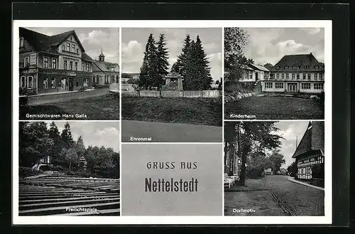 AK Nettelstedt, Gemischtwarengeschäft Hans Galla, Ehrenmal, Freilichtspiele